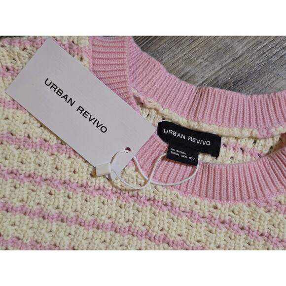 URBAN REVIVO Womens XS Striped Knit Top Pink White 100% Cotton Crochet NWT - Picture 5 of 7